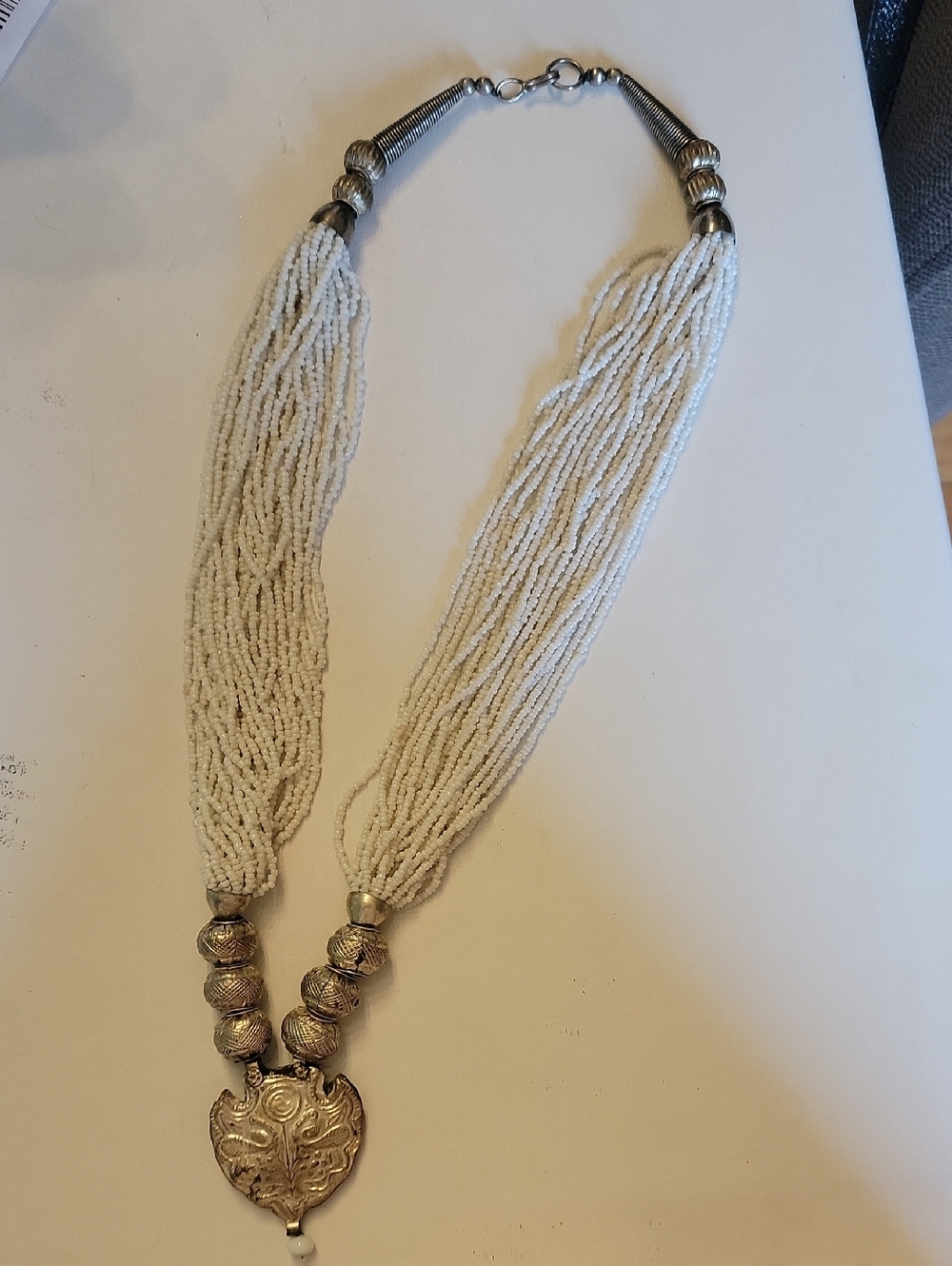 Vintage Handcrafted White Beaded Necklace with Silver Pendant